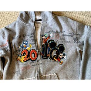 Disney 2010 Micky Mouse Gray Red Yellow Zipper Front Relaxed Fit Hoodie Size XL